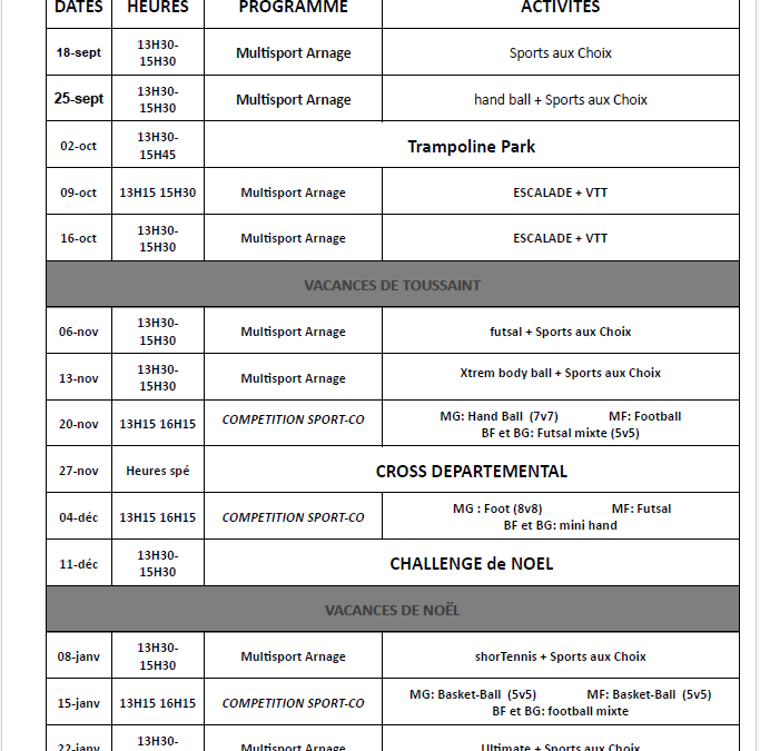 calendrier association sportive